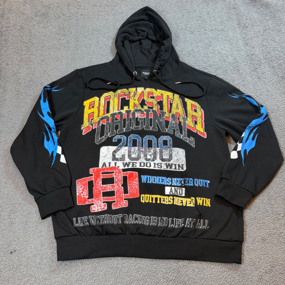 Rockstar Original Mens Black Graphic Racing Hoodie Blue Flames XL